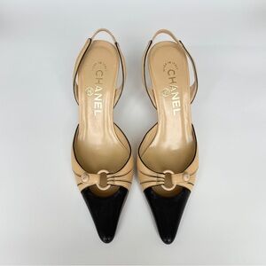 CHANEL Beige and Black Slingback Heels size US 4.5